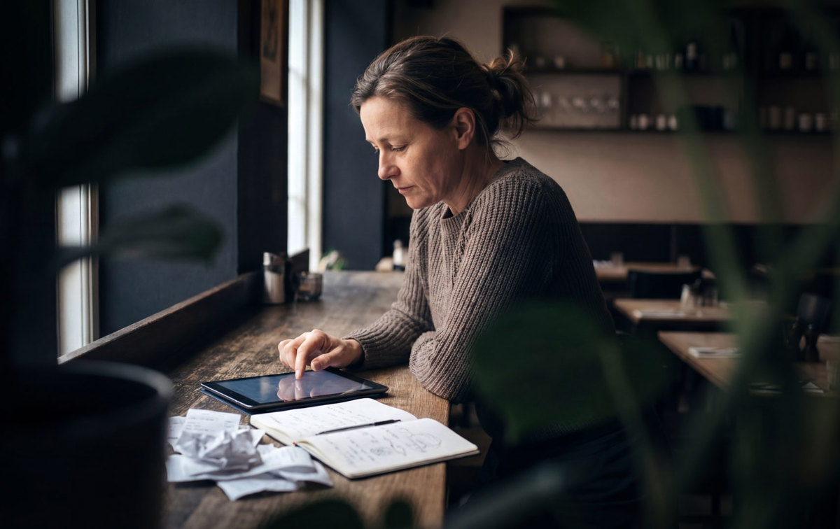 Kuvituskuva - yritykset ovat aiempaa enemmän huolissaan asiakkaidensa maksukyvystä. Kuvassa totisen näköinen nainen, joka tekee töitä pöydän ääressä.